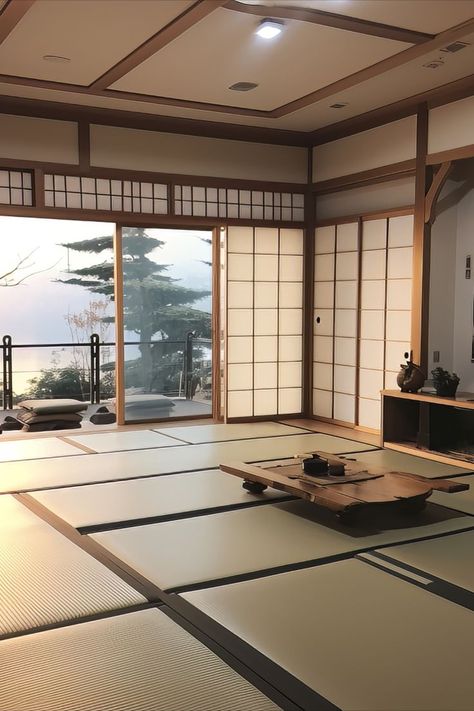 A traditional Japanese tatami room with a table in the middle and a large window. Tatami Room Modern, Japanese Room Aesthetic, Traditional Japanese Living Room, Japanese Architecture Interior, Japanese House Architecture, Japanese Living Room Design, Tatami Rug, Modern Japanese Bedroom, Meditation Room Design