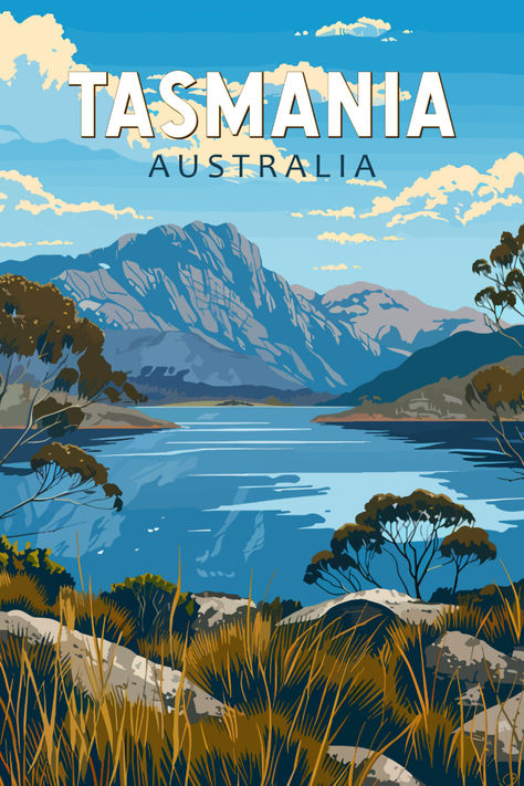 A retro-style travel poster of Tasmania, Australia, featuring a mountainous landscape, a serene lake, and native trees in bold, vintage-inspired colors. Tasmania Aesthetic, Tasmania Travel, Nostalgic Design, Print Outs, Tasmania Australia, Retro Travel Poster, Vintage Travel Poster, Style Travel, Cultural Events