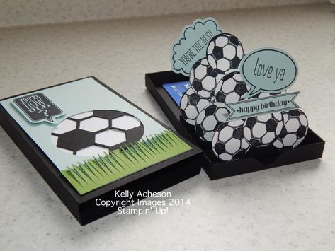 Soccer 3-D Pop Up Card -What a fun birthday card for the soccer player in your life!!! I have a video tutorial and more samples on my blog here:  http://astampabove.typepad.com/my-bl...l-for-you.html  Thanks for looking!  Read more: http://www.splitcoaststampers.com/gallery/photo/2509688#ixzz35JxCmzWb Handmade Soccer Birthday Card, Soccer Birthday Card, Pop Up Card Tutorial, Soccer Cards, Pop Up Box, Pop Up Box Cards, Birthday Cards For Boys, Envelope Punch Board, Boy Cards