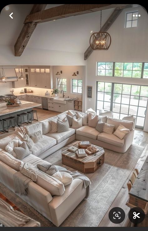 Large Living Room Layout With Play Area, Large Living Room Seating Ideas, Big Square Living Room Layout, Huge Living Room Ideas Layout, Large Open Living Room Layout, Family Room Kitchen Combo Layout, Large Couch Living Room, Family Room And Playroom Combo, Cozy Family Room Ideas