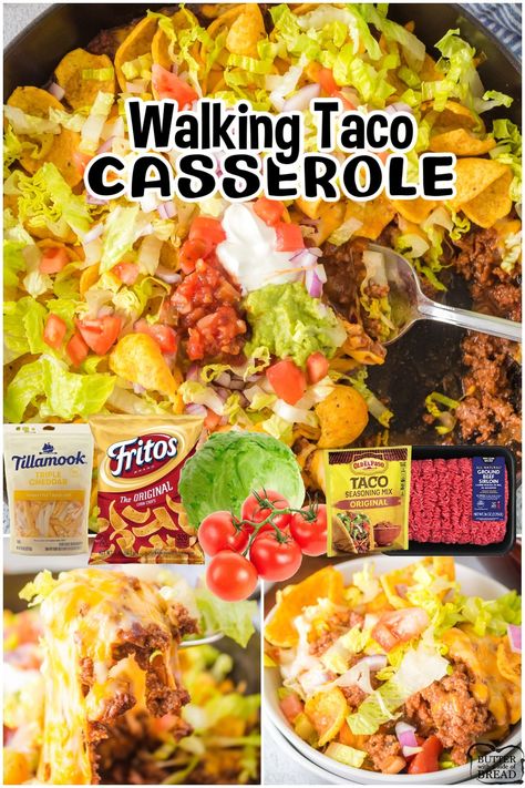 WALKING TACO CASSEROLE - Butter with a Side of Bread Walking Taco Casserole, Smoked Meatloaf Recipe, Baked Tacos Recipe, Supper Tonight, Walking Taco, Casserole Side Dishes, Walking Tacos, Taco Ingredients, Ham And Bean Soup