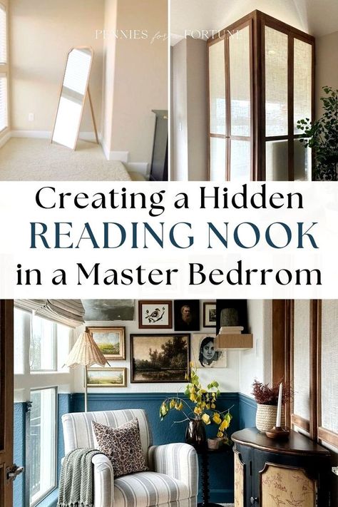 Whether it’s a bedroom nook, angled ceiling, or dysfunctional layout, using the right DIY tricks can turn problem spaces into complete showpieces. Nooks come in different shapes and sizes, and with some thought, creativity, and determination, you can transform these awkward spaces into picturesque areas in your home! Check out this home renovation project where I transformed an elevated platform in the master bedroom into an elegant reading space. Bedroom Nook Ideas Master Window, Bedroom With Seating Area Master, Reading Nook In Master, Hidden Reading Nook, Bedroom Nook Ideas Master, Bedroom Alternative, Accent Wall Trends, Small Home Library Ideas, Romantic Window