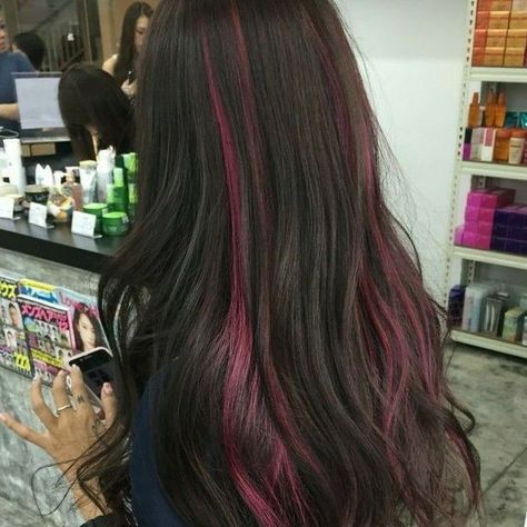 Red Hot Hair: Stunning Highlight Ideas Magenta Streaks In Black Hair, Red Purple Hair Highlights, Dark Pink Streaks In Brown Hair, Dark Purple Streaks In Black Hair, Under Layer Highlights, Strip Of Color In Hair, Subtle Hair Dye Ideas, Streaks Hair Highlights, Hair Color Ideas For Warm Skin Tone