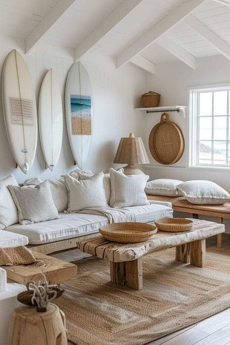 Surf Decor Living Room, Airbnb Moodboard, Surf Living Room, Surfer Beach House, Modern Coastal Living Room Ideas, Coastal Living Room Ideas, Modern Coastal Living Room, Florida Decorating, Resort Interior Design