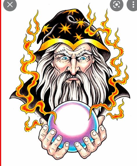 Wizard Tattoo Flash, Traditional Wizard Tattoo, Tattoo Wizard, Wizard Drawings, Wizard Tattoo, Traditional Style Tattoo, Desain Editorial, Old School Tattoo Designs, Traditional Tattoo Design