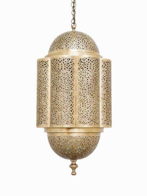 A handsomely decorated pendant ceiling light in antique brass. Our Latifah ceiling light features a central corrugated section – made up of eight semi-circular facets – encased between two hemispherical domes. All three elements are adorned with a beautifully sinuous hand-sawn and hand-engraved motif. Please note: This is sold as a light fixture only. Ceiling hook/rose, light fitting/flex sold separately. Height: 70cm Width: 35cm Brass Danglers With Intricate Design, Moroccan Ceiling Lamp, Morrocon Lights Hanging Lamps, Moroccan Wicker Chandelier, Moroccan Bazaar, Turkish Lamps Moroccan Style Pendant Lights & Chandeliers, Hand Saw, Pendant Ceiling Light, Hand Engraving