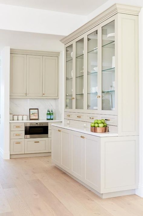 Arched Built In Cabinet, Built In Kitchen Hutch, Bent Creek, Light Wooden Floor, Light Gray Cabinets, Built In Hutch, Lake House Kitchen, Barn Kitchen, Shaker Style Cabinets