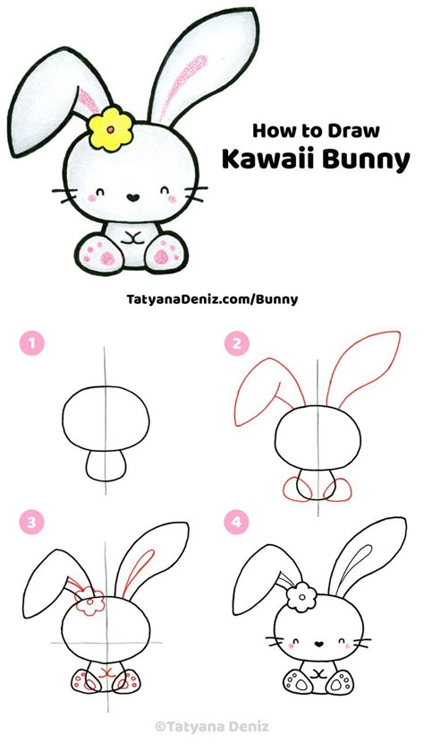 Easy step-by-step drawing tutorial for how to draw a cute kawaii Easter bunny. Drawing tutorial with FREE printable PDF, drawing tips, and materials. Use this bunny for DIY craft projects, Easter paper crafts, crochet and sewing. Perfect for drawing with kids! Kawaii art and drawing tutorial by Tatyana Deniz via @tatyanadeniz Trin For Trin Tegning, Easter Drawings, Arte Doodle, Couple Drawing, Bunny Drawing, Easy Drawings For Kids, Cute Easter Bunny, Easy Doodle Art, Easy Doodles Drawings