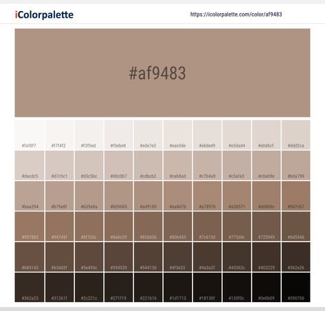 Color space information #af9483 | Pantone 16-1318 Tcx Warm Taupe. Similar Pantone Color name Information, Color Schemes, Light / Darkshades, Tones, Similar Colors , Preview the color and download Photoshop swatch and solid color background image Pantone Color Book, Space Information, Birth Colors, Hexadecimal Color, Hex Color, Pantone Colour Palettes, Hex Color Palette, Skin Color Palette, Paint Color Palettes