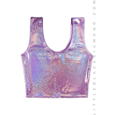 Lavender Hologram Crop Tank, Nylon Crop Tops; Little Black Diamond ❤ liked on Polyvore featuring tops, cut-out crop tops, nylon crop top, crop tank, light purple crop top and cropped tops Party Kei Fashion, Light Purple Crop Top, Iridescent Clothing, Holographic Top, Plastic Girl, Josie And The Pussycats, Lavender Tops, Tiny Clothes, Beautiful Long Dresses