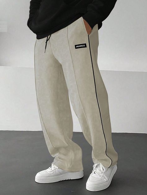 Men's Loose Patchwork Design Drawstring Waist Sweatpants Khaki    Fabric Colorblock,Letter,Striped Straight Leg Slight Stretch  Men Clothing, size features are:Bust: ,Length: ,Sleeve Length: Christian Clothing Brand, Streetwear Sweatpants, Stylish Shirts Men, Sports Sweatpants, Baggy Sweatpants, Sweatpants Style, Running Shorts Men, Mens Casual Dress Outfits, Cool Outfits For Men