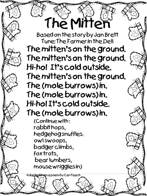 So to accompany the book: The Mitten ~ sung to the tune of "The Farmer in the Dell" Winter Theme Preschool, Craft Preschool, Jan Brett, Preschool Winter, Winter Songs, Winter Classroom, Winter Kindergarten, Preschool Music, The Mitten