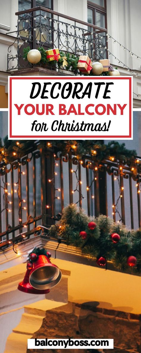 Decorate your balcony for Christmas with these easy ideas that work perfectly for small outdoor spaces. Learn what to consider when choosing decorations (such as storing your choices! Hint: collapsible items are great!), and get inspired with photos in this post. Click through for all the details! Christmas Lights For Apartment Balcony, Balcony Ideas For Christmas, Christmas Garland Balcony, Balcony Decor For Christmas, Holiday Deck Decorating Ideas, Christmas Decor Ideas Outdoor Porch Railing, How To Decorate A Deck For Christmas, Christmas Small Balcony Decor, Apartment Balcony Christmas Decorations