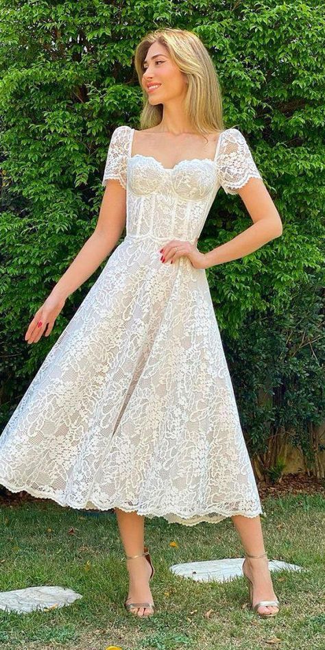 Incredible Tea Length Wedding Dresses ★ #bridalgown #weddingdress Wedding Dresses Tea Length, Vintage Lace Wedding Dresses, Tea Length Wedding Dresses, Dresses Tea Length, Country Wedding Gowns, Confirmation Dresses, Bridal Gowns Vintage, Vintage Lace Weddings, Tea Length Wedding