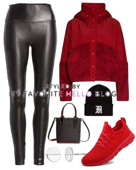 How to wear red sneaker with faux leather leggings. Casual fall outfit with red sneakers #redsneakers #casualoutfit Outfits With Red Shoes Sneakers, Outfit With Red Sneakers, Red Sneakers Outfit Women, Faux Leather Leggings Casual, Casual Leather Leggings Outfit, Burgundy Sneakers Outfit, Leather Leggings Casual, Red Sneakers Outfit, Sneakers To Work