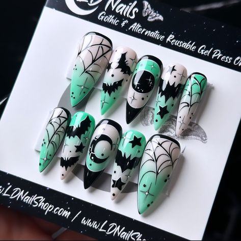 A better look at 🦇🔮 Witching Hour 🔮🦇 - Swooping into the shops on August 5th ⏰ Pictures on Après Long Stiletto 💅🏻 ⁣ .⁣ .⁣ .⁣ .⁣ .⁣ #acrylicnails #ad #coffinnails #fallnails #glitternails #halloweenmakeup #halloweennailart #halloweennails #halloweennailsdesign #longnails #manicure #nail #nailartist #naildesign #naildesigns #nailitdaily #nailpro #nailsart #nailsmagazine #nailsnailsnails #nailsofinstagram #nailsoftheday #nailstyle #nailswag #nails💅 #nailtech #ombrenails #spookynails #spookyseason Halloween Nail Ideas, Holloween Nails, Country Nails, Halloween Press On Nails, Long Stiletto, Gothic Nails, Goth Nails, Witching Hour, Alternative Style