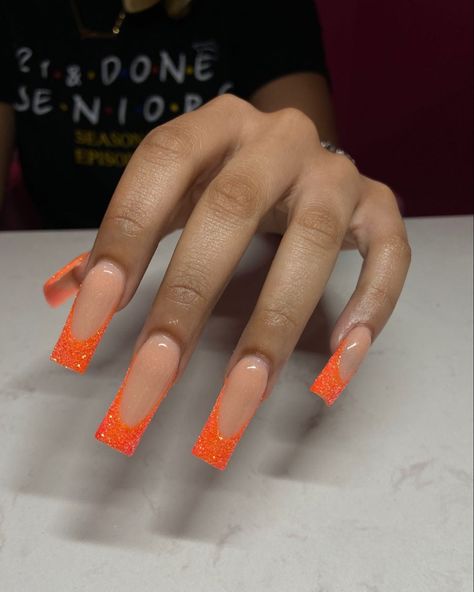 Hot Orange French Tip Nails, Long Orange French Tip Nails, Orange Graduation Nails, Orange Glitter French Tip Nails, Orange Nails French Tip, Orange Prom Nails, Orange Glitter Nails, Orange Nails Acrylic, Sparkly French Tip Nails