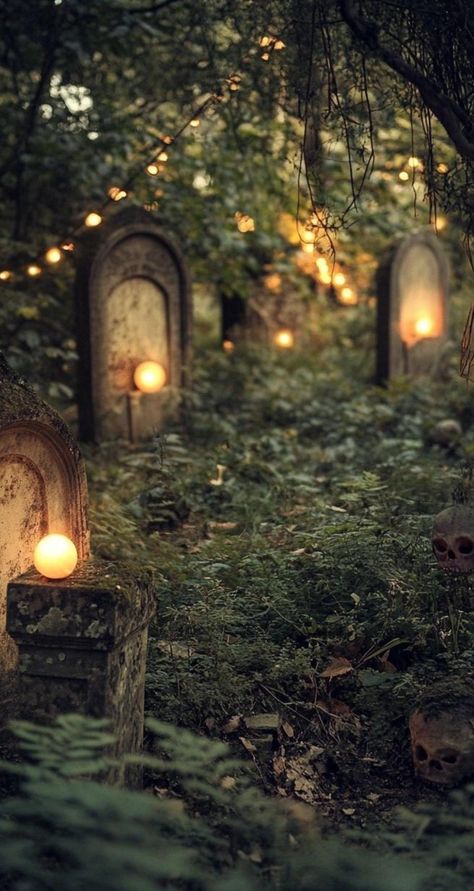 Transform your yard into a spine-chilling graveyard with these eerie Halloween ideas! Create DIY tombstones using foam boards, paint them gray, and add humorous epitaphs. Scatter plastic bones and partially buried skeletons among the graves. Use low-lying fog machines to create an otherworldly mist. Position flickering LED candles and lanterns for an eerie glow. Hang tattered cheesecloth ghosts from nearby trees. Add a creaky cemetery gate and moss-covered fences. These atmospheric elements will Haunted Cemetery Halloween, Pretty Graveyard, Halloween Graveyard Ideas, Low Lying Fog, Tombstone Diy, Cemetery Ideas, Cheesecloth Ghost, Fog Machines, Halloween Graveyard