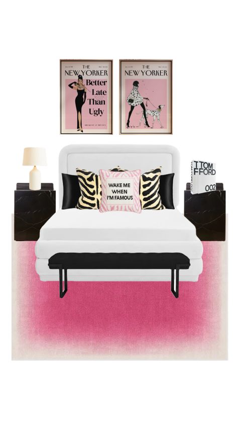 Black White Red Pink Bedroom, Black And Hot Pink Room, Black And Pink Room Aesthetic, Pink Black And White Bedroom, Bedroom Fancy, Girl Apartment Decor, Apartment Deco, Girly Apartment Decor, College Dorm Room Decor