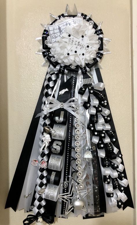 Black White And Silver Homecoming Mums, Senior Mums Homecoming White And Silver, Mum Ideas Homecoming, Hoco Braids, Freshman Mum, Mum Designs, Garter Homecoming, Homecoming Jeans, School Mums