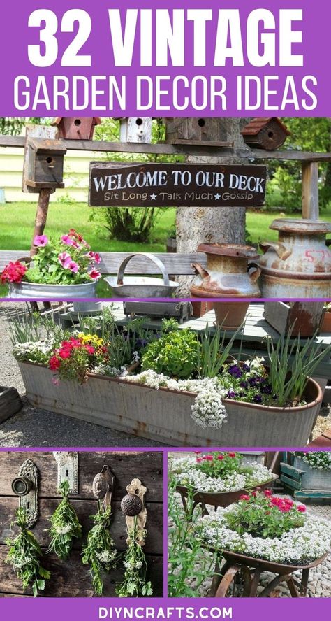 You will fall in love with each of these incredible vintage garden decor ideas! So many fun ways to use great antique finds in your garden! Turn your garden into a beautiful oasis using these amazing vintage and rustic garden decorations. #Garden #Gardening #GardenDecor #GardenIdeas #Vintage #VintageGarden #Landscape Porch Vibes, Creative Garden Decor, Lawn Art, Antique Finds, Garden Junk, Garden Wallpaper, Garden Decor Projects, Garden Decor Ideas, Vintage Garden Decor