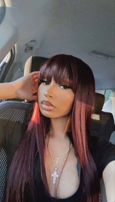 Fringe With Side Parting, Baddie Hair Color Ideas, Colored Hair Black Women, Frontal Hairstyles Ideas, Wig Hairstyles Ideas, Red Hair With Bangs, Wigs Black, Red Hair Inspo, Bangs Wig