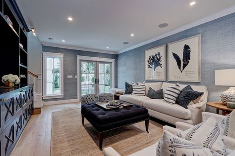 The textured blue grass cloth wallpaper and the navy built-in makes the basement at our #johnstreetproject chic and cozy!! ⠀⠀⠀⠀⠀⠀⠀⠀⠀… Grasscloth Wallpaper Living Room, Blue Grasscloth Wallpaper, Blue Grasscloth, Light Blue Living Room, Blue Walls Living Room, Living Room Classic, Light Blue Walls, Blue Living Room Decor, Coral Art