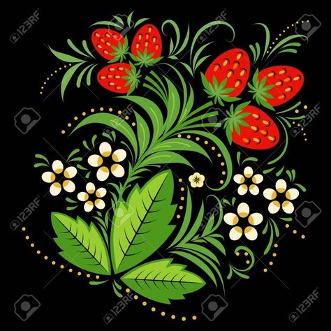 Russian Folk Painting, Strawberry Folk Art, Folk Art Strawberries, Russian Folk Art Tattoo, Ukranian Folk Art, Strawberries Painting, Slavic Folk Art, Canal Boat Art, Black Background Art