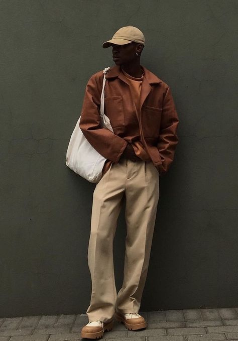 Monochromatic Outfit Street Style Men, Men Fashion Earth Tone, Dream Clothes Men, Post Minimalism Fashion Men, Brown Fits Men, Brown Outfit Men, Earth Tones Outfit, Brown Aesthetic Outfit, Earth Tone Outfits