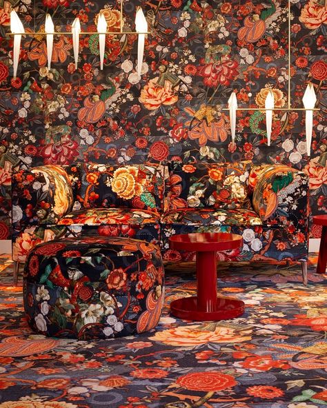 Moooi on Instagram: “Get lost in the luscious and abundant forests of ancient Japan. Our Rendezvous Tokyo Blue motif depicts exotic flowers and leaves brimming…” Shanghai Aesthetic, Wallcovering Pattern, Neri Hu, Lighted Branches, Denim Texture, Linear Pendant Light, Bird Silhouette, Blue Carpet, Fabric Inspiration