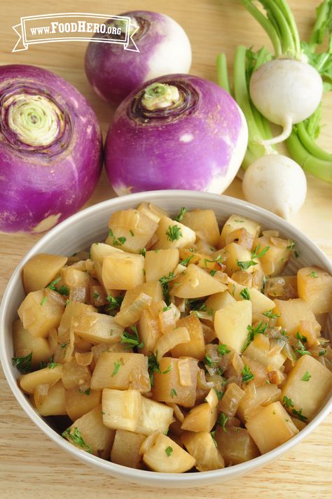 Savory Turnips make a great side dish with only 20 minutes of prep! #foodhero #turniprecipes Turnip Recipes, Chicken Tetrazzini, Turnips, Vegetable Sides, Veggie Sides, Veggie Dishes, Vegetable Side Dishes, Vegetable Dishes, Veggie Recipes