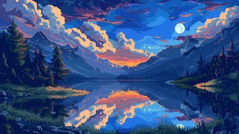 pixel art of blue and white clouds over mountains, a lake with reflections, trees, grassy hills, a sun in the sky, a digital painting in the style of pixelart, desktop wallpaper, 4k wallpaper for pc Aesthetic Dual Monitor Wallpaper, Digital Art Pc Wallpaper, Pixel Art Aesthetic Landscape, Macbook Wallpaper 1080p Aesthetic, 1280x720 Background Aesthetic, Anime Places Wallpaper Desktop, Cute Wallpapers Desktop Backgrounds, Clouds Pc Wallpaper, Pretty Wallpapers Computer