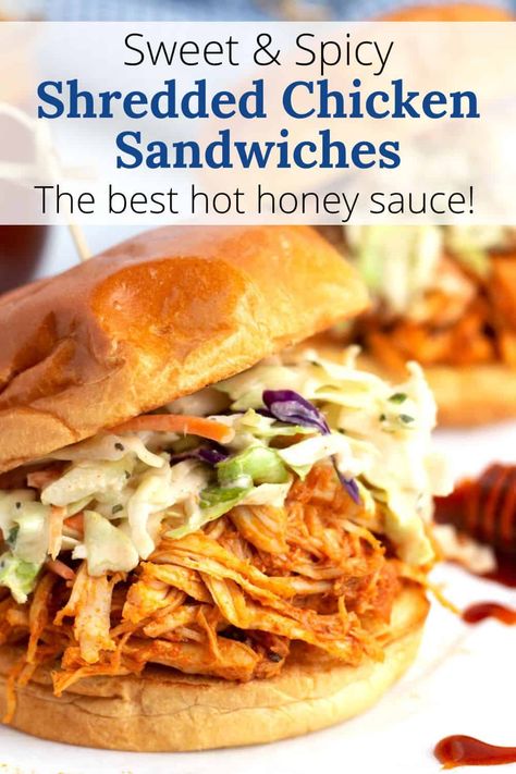 Make a crowd-pleasing, easy dinner with this Slow Cooker Hot Honey Chicken Sandwiches recipe! Cook your chicken breast low and slow in the Crock Pot for perfectly tender shredded chicken. Then cover in the best ever sweet and spicy sauce and layer on toasted buns with creamy coleslaw. The best part? The whole recipe only requires 15 minutes of hands-on time! Crock Pot Hot Honey Chicken Sandwich, Chicken Wrap Recipes Easy, Hot Honey Sauce, Spicy Chicken Breast, Shredded Chicken Sandwiches, Hot Honey Recipe, Wraps Recipes Easy, Hot Honey Chicken, Honey Chicken Recipe