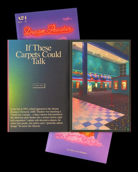 A24 zine celebrates the extravagance of old multiplexes – especially their carpets Neon Typography, Art Zine, Buch Design, Zine Design, Dream Theater, Typography Layout, Flip Phone, Art Typography, A Love Letter