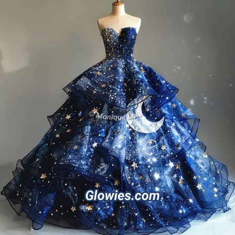 Moon Star Dress, Dress Inspiration Drawing, Prom Dress Celestial, Galaxy Quinceanera Dresses, Star And Moon Dress, Celestial Wedding Dress Blue, Moon And Stars Wedding Dress, Celestial Quinceanera Dress, Celestial Dress Aesthetic