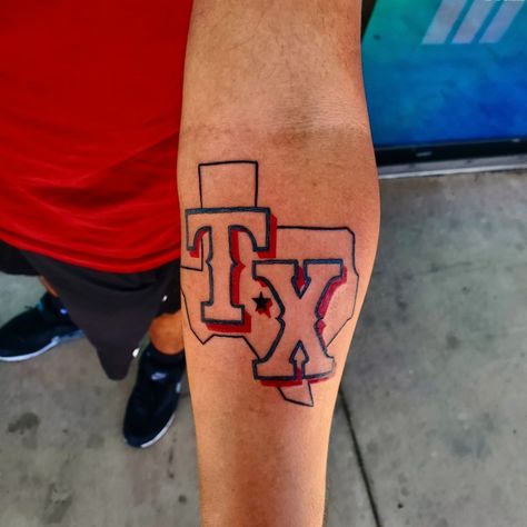 #texasrangers #dallascowboys #fortworth #Dallas #Texas #Arlington #grandprairie #Southlake #grapevine #texasstatetattoos #texasstatetattoo #letteringtattoo #coloredtattoos #outlinetattoo #tattoosbysketch #joshdrawz1 #joshdrawz #thechosenoneink #thechosenoneinkarlington #thechosenoneinktattoos #solidink #dynamicink #eternalink# blackandgreytattoos #armtattoos #tattooartist #tattoos # Texas Rangers Tattoo, Texas Tattoo For Men, Tx Tattoo, Texas Tattoo, Dallas Tattoo, State Tattoos, Texas Tattoos, Red Tattoos, Cute Tattoos For Women