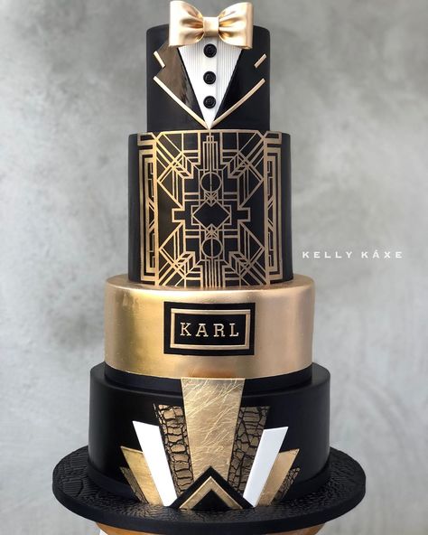 CAKE WARS WINNER on Instagram: “The Category Is... GATSBY Realness!!!😎🎩✨ My favorite part of this cake was the gold trimmed lapels! It was actually an afterthought🙊. When…” Gatsby Cakes, Harlem Nights Cake, Gatsby Wedding Cake, Gatsby Theme Cake, Men Cakes, Gatsby Cake Ideas, Gatsby Cake Birthday, Great Gatsby Cake Ideas, Great Gatsby 40th Birthday Cake