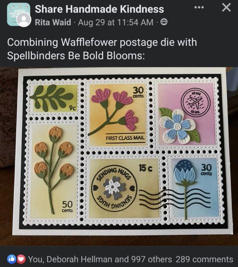 Postage Stamp Die Cards, Postage Stamp Cards, Waffle Flower Postage Collage, Be Bold Blooms, Postage Stamps Collage, Postage Stamps Crafts, Collage Cards, Postage Stamp Design, Birthday Cards For Women