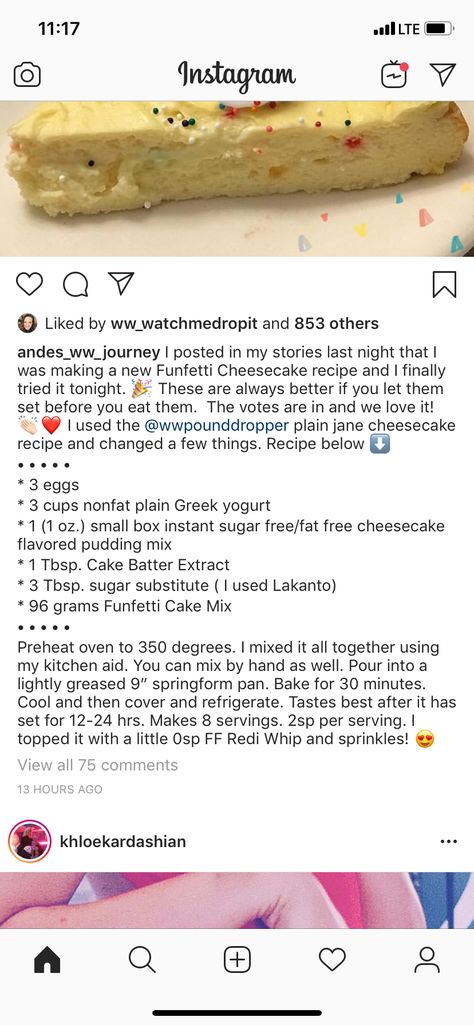 Weight Watchers Funfetti Cheesecake, Diet Dishes, Funfetti Cheesecake, Weight Watchers Recipes Desserts, Weight Watchers Desserts, Healthier Recipes, Desserts Recipes, Weight Watchers Meals, Healthy Meals