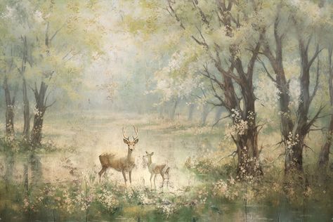 painting European forest in autumn with trees and wildflowers with deer in a landscape Deer In Meadow Painting, Deer Desktop Wallpaper, Deer Forest Painting, Deer Family Painting, Forest Painting Horizontal, Simple Forest Painting, Deer Background, European Forest, Heaven Painting