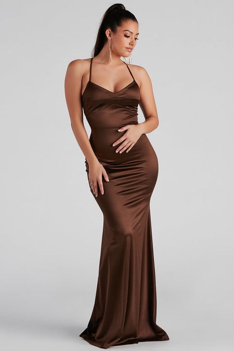 Formal Dresses & Gowns | Long to Short Formal Dresses | Windsor Brown Dresses Formal Satin, Chocolate Brown Dress Formal, Brown Elegant Dress, Tan Formal Dress, Brown Formal Dress, Brown Prom Dress, Formal Satin Dress, Brown Long Dress, Brown Dresses Formal