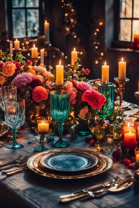 Dinner Party aesthetic Dark And Moody Dinner Party, Dinner Party Color Palette, Jewel Toned Tablescape, Jewel Tone Christmas Table, Jewel Tone Dinner Party, Fancy Dinner Table Aesthetic, Jewel Tone Asthetics, Birthday Tablescape For Women, Jewel Tone Table Setting