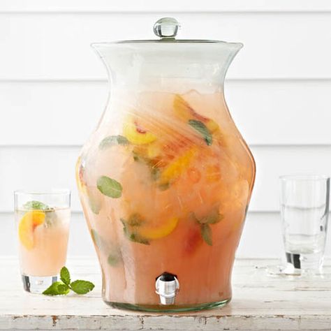 Peach-Mint Lemonade Recipe | Sur La Table Mint Lemonade Recipe, Peach Baby Shower, Mint Lemonade, Peach Party, Peach Lemonade, Summer Baby Shower, Shower Food, Lemonade Recipes, Sweet Peach