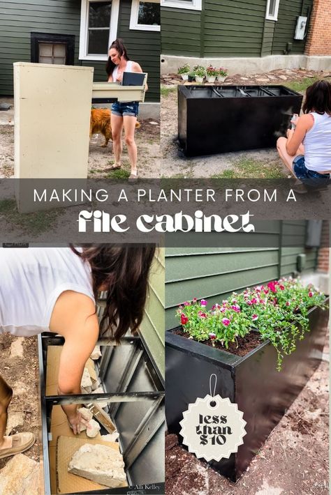 Filing Cabinet Flower Planter, File Cabinet To Planter, Filing Cabinet Raised Bed, File Cabinet Raised Garden, Front Yard Planter Box Ideas, Filing Cabinet Planters, Filing Cabinet Into Planter, Metal Filing Cabinet Planters, Diy Metal Planters