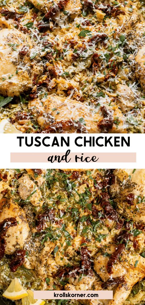 Tuscan Chicken and Rice Skillet made with juicy chicken thighs, rice, sun-dried tomatoes, fresh spinach, lemon, and Parmesan cheese. Tuscan Chicken And Rice, Chicken Thighs Rice, Chicken Thigh And Rice Recipe, Chicken Thigh Casserole, Chicken And Rice Skillet, Skillet Chicken Thighs, Meat Ideas, Chicken Rice Bake, Juicy Chicken Thighs