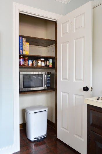 Adding Extra Shelves And A Microwave To The Pantry | Young House Love Conceal Microwave, Microwave In Pantry, Small Pantry Closet, Microwave Shelf, House Flip, Pantry Remodel, Pantry Makeover, Pantry Closet, Young House