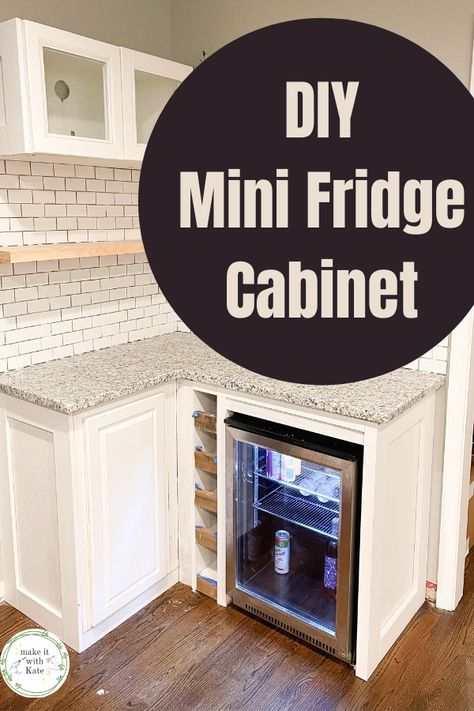 DIY Mini Fridge Cabinet: Corner Coffee and Wine Bar - Make it with Kate Build Wine Fridge Cabinet, Mini Fridge Furniture, Diy Corner Bar With Mini Fridge, Corner Wine Fridge Cabinet, Corner Bar Cabinet With Wine Fridge, Coffee Corner With Fridge, Mini Fridge Pantry, Beverage Fridge In Basement, Corner Wine Bar Ideas Home