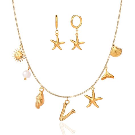 PRICES MAY VARY. 1.Add a touch of charm to your outfit with our stunning charm necklace featuring a variety of shell types and a starfish hoop earring to complete the beach-inspired look. 2.Personalize your style with our initial necklace, crafted in 18k real gold and designed for women who love unique and meaningful jewelry. 3.Made with waterproof and non-tarnish materials, our starfish necklace, sun necklace, and dolphin tail necklace are perfect for Surfer-Girls who want to wear their favorit Shell Types, Dolphin Tail, Surfer Girls, Gold Necklace For Women, Necklace Sun, Ocean Inspired Jewelry, Sun Necklace, Starfish Earrings, Starfish Necklace