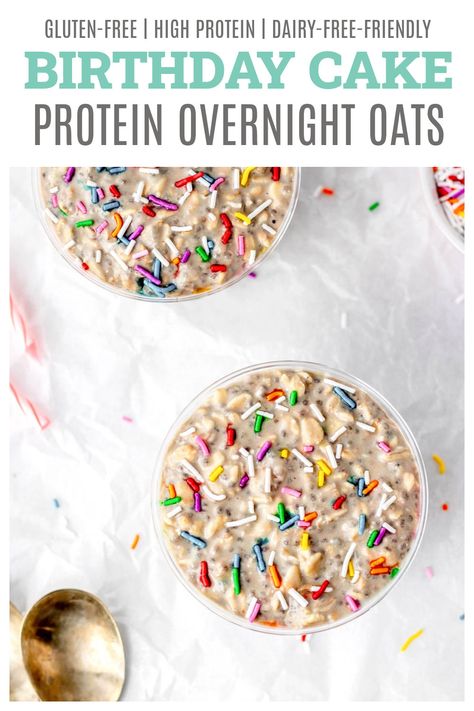 Cake Batter Overnight Oats Recipe, Birthday Cake Protein Powder Recipes, Dairy Free High Protein Overnight Oats, Birthday Cake Protein Recipes, Overnight Oats Birthday Cake, Birthday Cake Overnight Oats Protein, Overnight Oats Healthy High Protein, Premier Protein Birthday Cake Recipes, Birthday Cake Protein Pudding