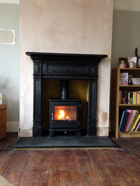 Victorian Wood Burning Stove, Wood Burning Stove Victorian Fireplace, Wood Burner In Victorian Fireplace, Victorian Wood Burner, Cast Iron Fireplace With Log Burner, Victorian Fire Surround, Wood Stove Fireplace Surround, Wood Burner Surround Ideas, Mantle Behind Wood Burning Stove